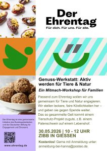 Genuss-Werkstatt Aktiv werden für Tiere und Natur. Ein Flyer für die Veranstaltung am 30.05.2026 in Gießen